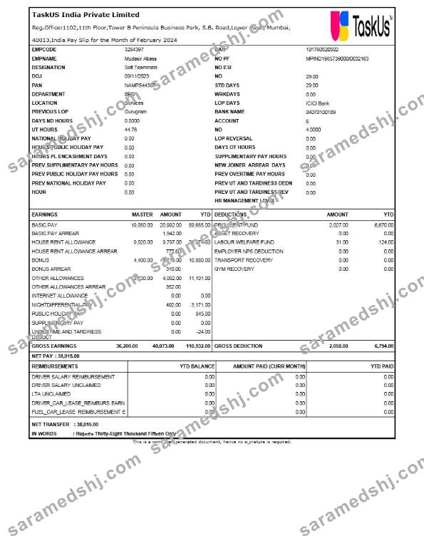 TaskUS India payslip template in Word and PDF formats.pdf, 1